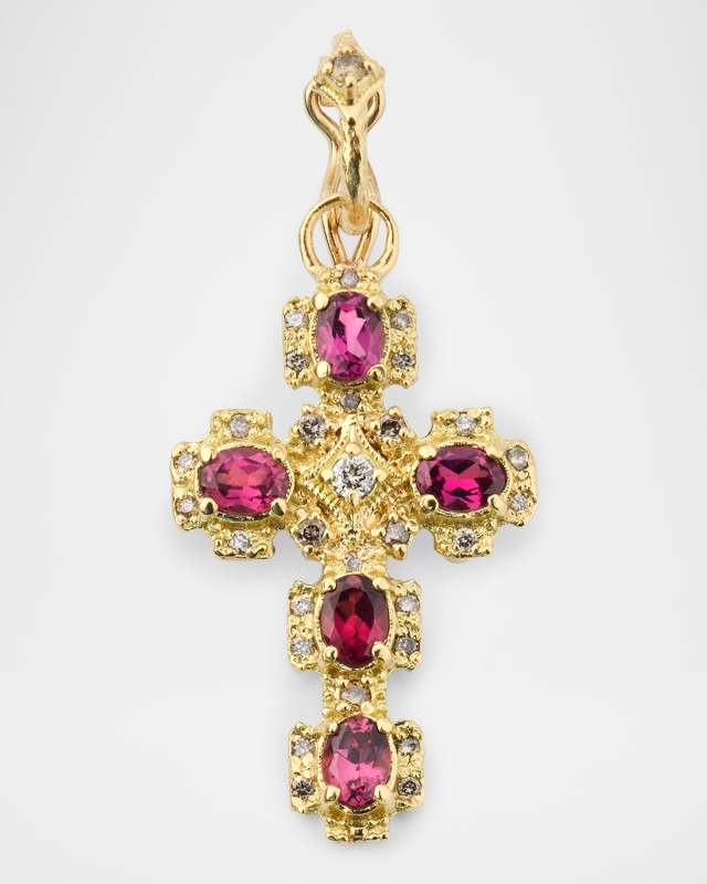 Yellow Gold Cross Enhancer with Garnets